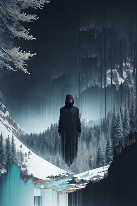 00759-3814422178-4909-pixel sorting, abstract painting of a man in casual black hood portrait fused with snowy mountain forest, intricate background.png